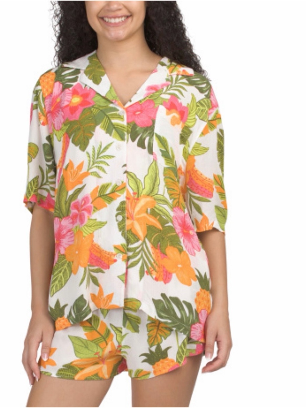 PJ Salvage White Tropical Button-Down Shirt with Pink & Orange Floral Print